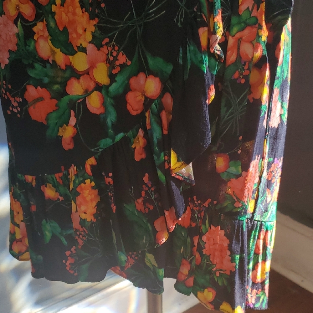 Zara Black Floral Wrap  Dress with Pink, Orange & Green Accents - Picture 7 of 13